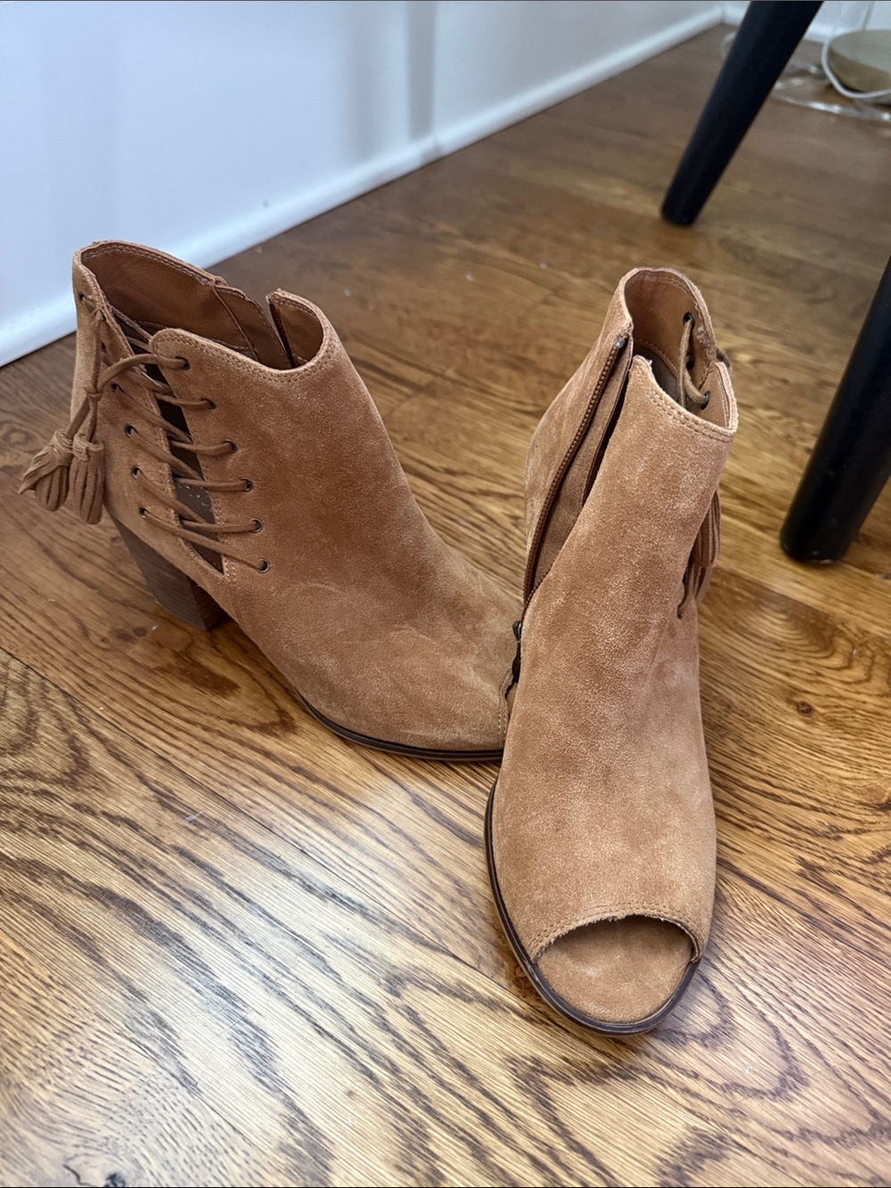 Franco Fortini Tan Suede Peep-Toe Lace-Up Ankle Booties